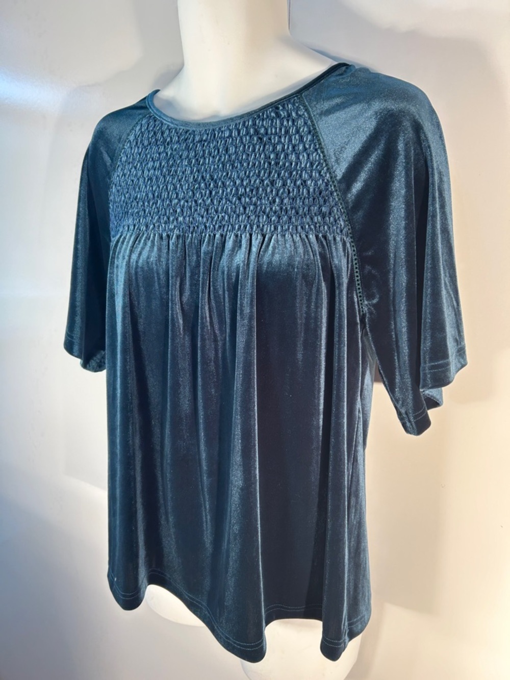 Joy Joy SZ M Teal Velvet Smocked Flowy Top Dark Romantic Fairy Core Dressy Boho